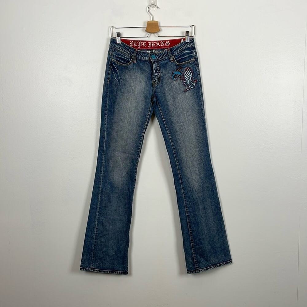 Pepe Jeans London Womens 28 Bootcut 4 Pocket Embroidered Design Stud Blue Pants